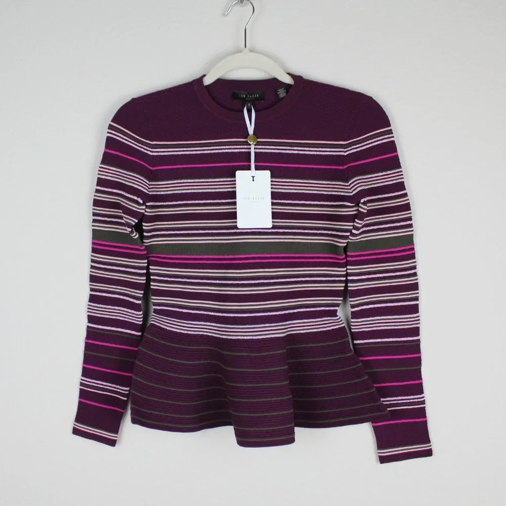 NWT TED BAKER LONDON Stripe Crew Neck Peplum Sweater - Picture 2 of 8
